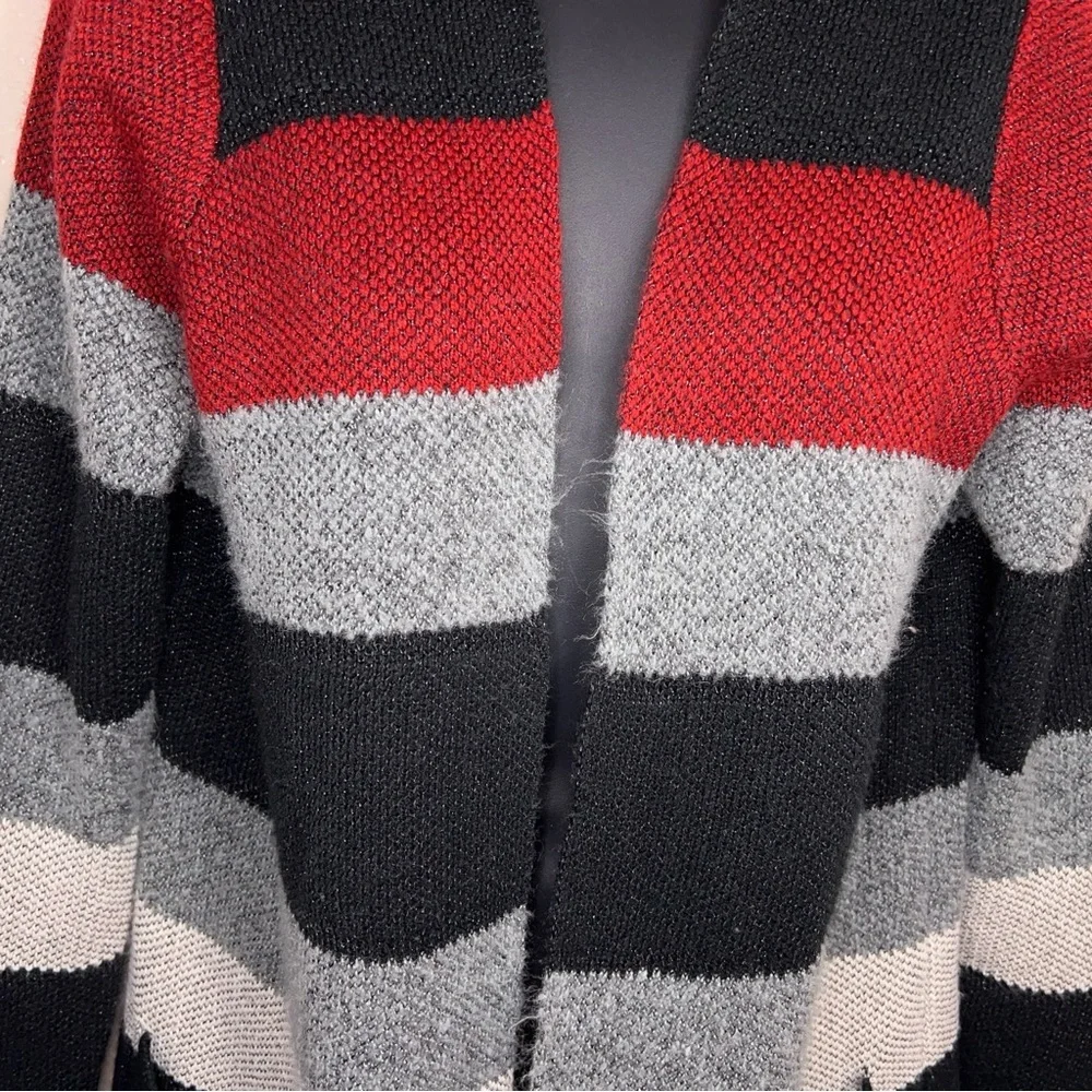 Petite Large IN Studio Colorblock Long Sleeve Open Front Sweater Black Grey Red
